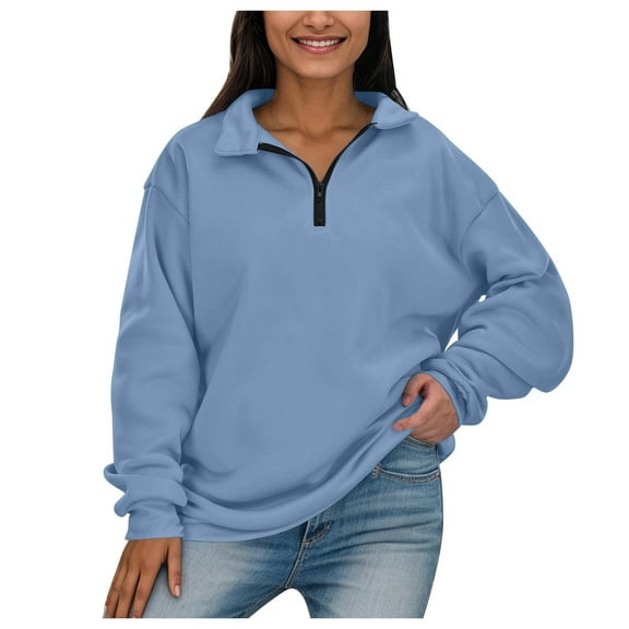 Women's Crewneck Sweatshirt Quarter Zip up Long Sleeved Solid Color Tops Autumn Fashion Pullovers 2025 Outfits Clothes