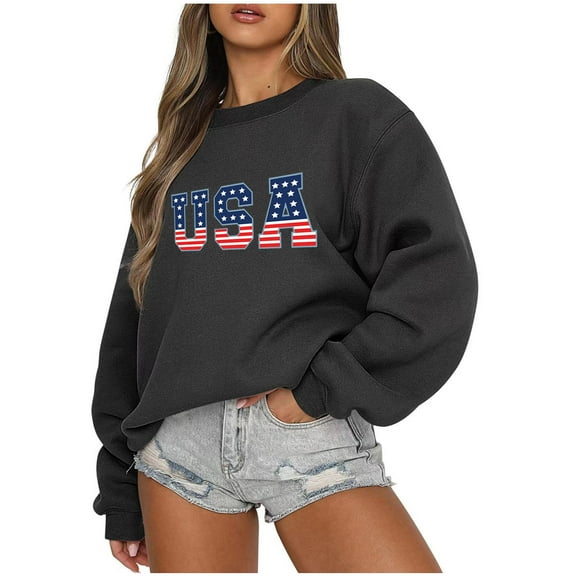 Women's Crewneck Sweatshirt USA Flag Print Long Sleeve Loose Casual Drop Shoulder Pullover Tops (M, Black)