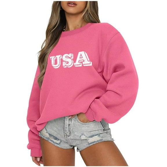 Women's Crewneck Sweatshirt USA Flag Letter Print Long Sleeve Loose Casual Drop Shoulder Pullover Graphic Tops (Small, Hot Pink 03)
