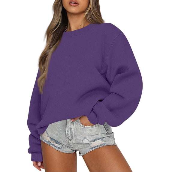 Women's Crewneck Sweatshirt with Drop Shoulders and Ribbed Cuffs Solid Color Relaxed Fit Top, S-2XL
