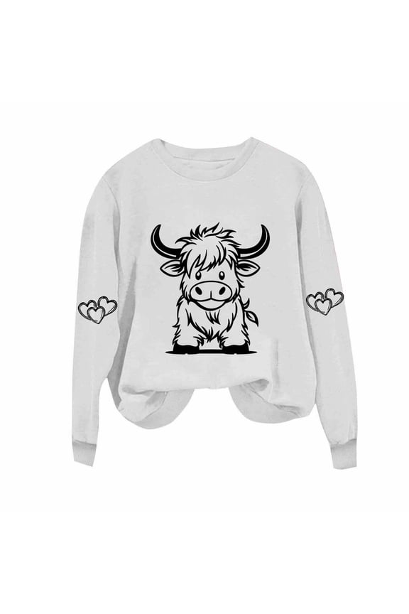 Women's Crewneck Sweatshirts Cute Cow Printed Long Sleeve Shirts Fall Winter Sweaters Casual Solid Color Blouses Loose Sports Pullover Tops