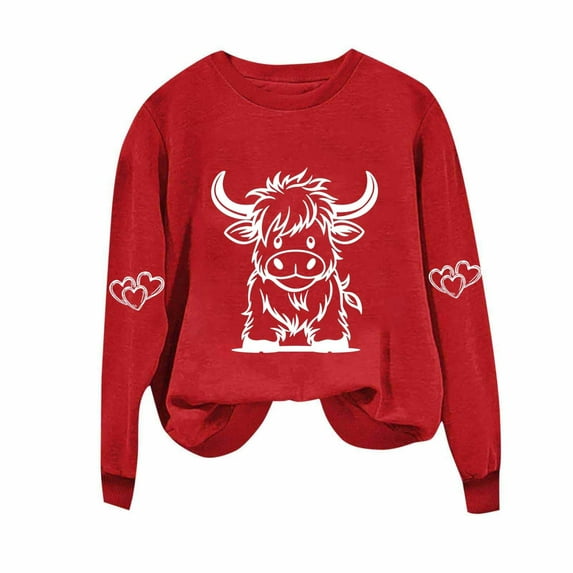 Women's Crewneck Sweatshirts Cute Cow Printed Long Sleeve Shirts Fall Winter Sweaters Casual Solid Color Blouses Loose Sports Pullover Tops