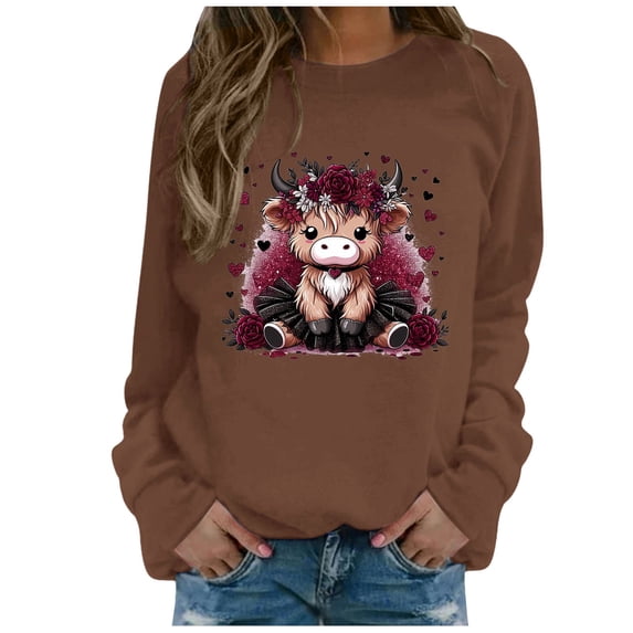 Women's Crewneck Sweatshirts Highland Cattle Print Fall 2026 Pullover Casual Lightweight Long Sleeve Tunic Tops