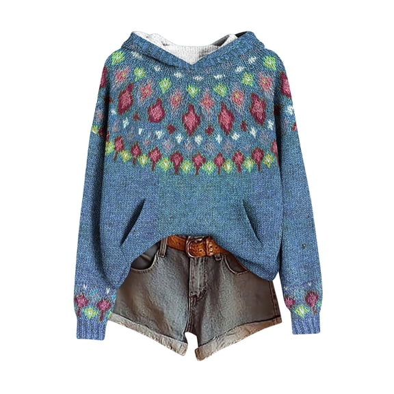 Women's Crewneck Sweatshirts Imitation Knitted Hooded Sweaters 2025 Fall Winter Long Sleeve Tops Fashion Retro Printed Hoody Jackets Casual Loose Pullover Outwears with Pocket