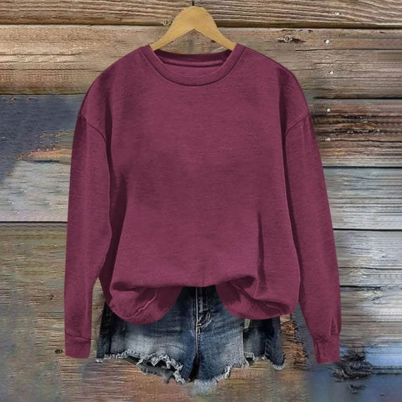 Women's Crewneck Sweatshirts Solid Color Loose Fitting Blouses Pullover Long Sleeve Hoodless Sweatshirt Plus Size Sweater Fall Outfits Top