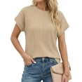 thumbnail image 1 of Sprinmer Womens Crewneck Textured Blouse Cap Sleeve Casual Summer Tops Solid Tee Shirt Beige 2XL, 1 of 8