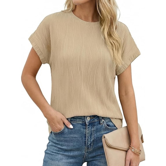 Sprinmer Womens Crewneck Textured Blouse Cap Sleeve Casual Summer Tops Solid Tee Shirt Beige 2XL