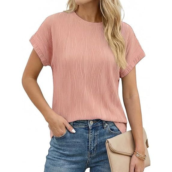 Sprinmer Womens Crewneck Textured Blouse Cap Sleeve Casual Summer Tops Solid Tee Shirt Pink M