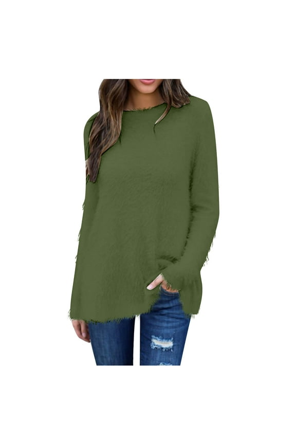 Women's Crewneck Thin Sweaters Long Sleeve Shirts Solid Color Casual Tunic Winter Tops Loose Fluffy Fuzzy Jumper Sweater