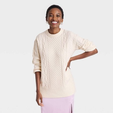Women s Crewneck Tunic Pullover Sweater A New Day Cream M Walmart