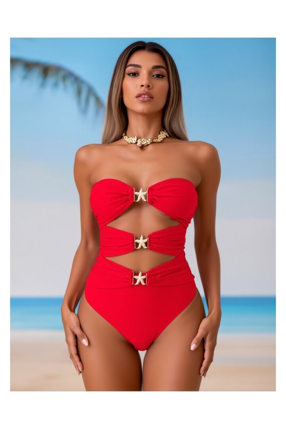 Women's Crimson Bandeau One-Piece Swimsuit, Gold Starfish Accent Cutout Design, Elegant Sexy Tummy Control Slimming Bathing Suit for Beach Vacation