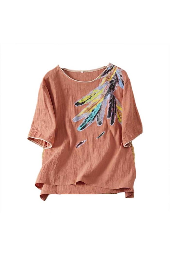 Women's Crinkle Cotton Feather Print T-Shirt Casual Round Neck Short Sleeve Boho Blouse Top