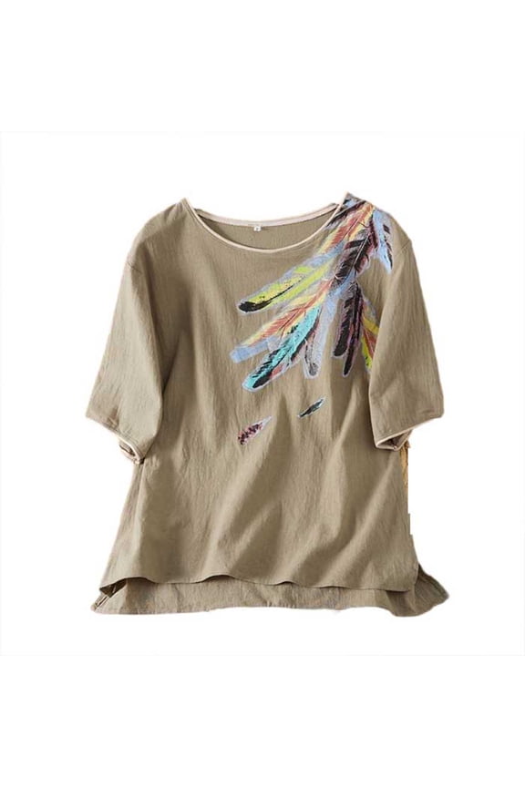 Women's Crinkle Cotton Feather Print T-Shirt Casual Round Neck Short Sleeve Boho Blouse Top