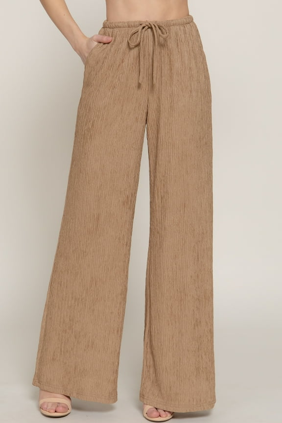 Women's Crinkle Knit Long Pants with Drawstring Waist ? Soft Stretch Wavy Texture