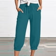 thumbnail image 1 of Women's Crinkle Wide Leg Pants, High Waisted Cropped Palazzo Pants with Drawstring and Pockets, Loose Fit Casual Beach Pants for Vacation, Lounge and Daily Wear-Blue, 1 of 5