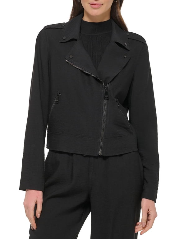 Women's Crinkled Asymmetric Front-Zip Moto Jacket Black M