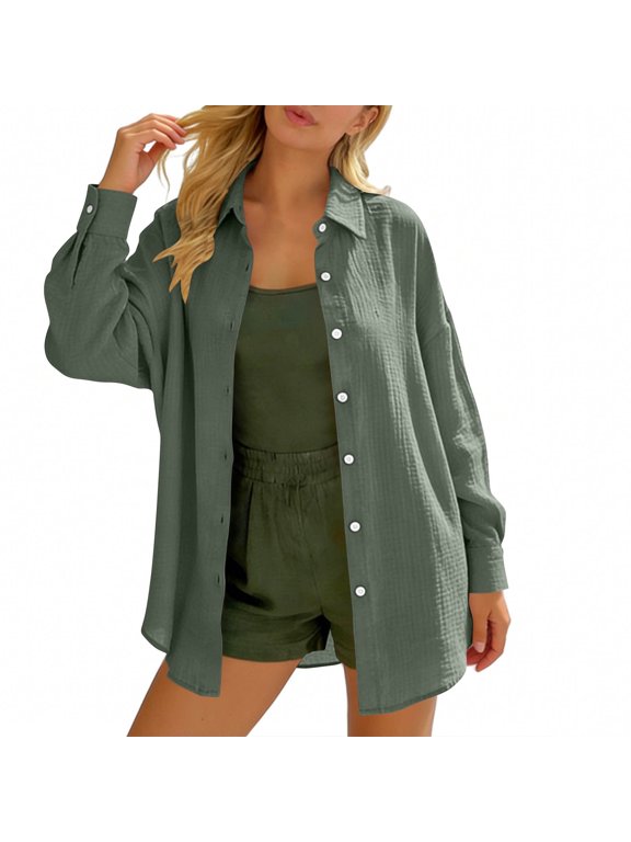 Women's Crinkled Gauze Button Down Shirt, Long Sleeve Turn-Down Collar Loose Fit Blouse for Casual Daily & Office Wear