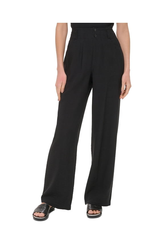Women's Crinkled High Rise Front-Zip Pants Black 4