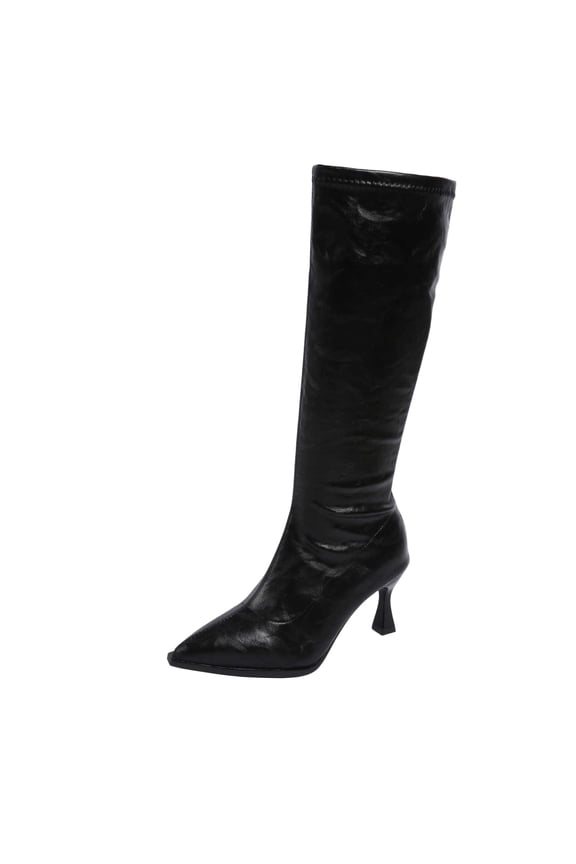 Women's Crinkled Leather Pointed Toe Knee High Boots, Slim Flared High Heel Side Zipper Tall Dress Boots, Elegant Stiletto Calf Boots Black 5.5(36)