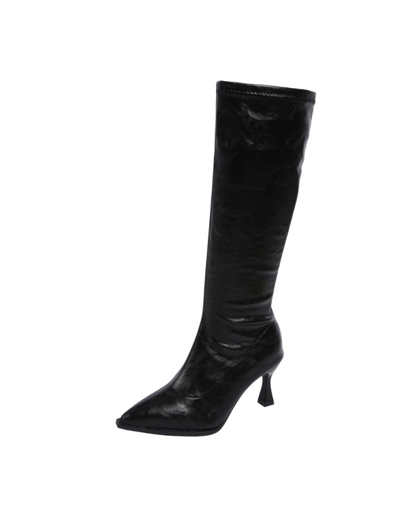 Women's Crinkled Leather Pointed Toe Knee High Boots, Slim Flared High Heel Side Zipper Tall Dress Boots, Elegant Stiletto Calf Boots Black 7(39)