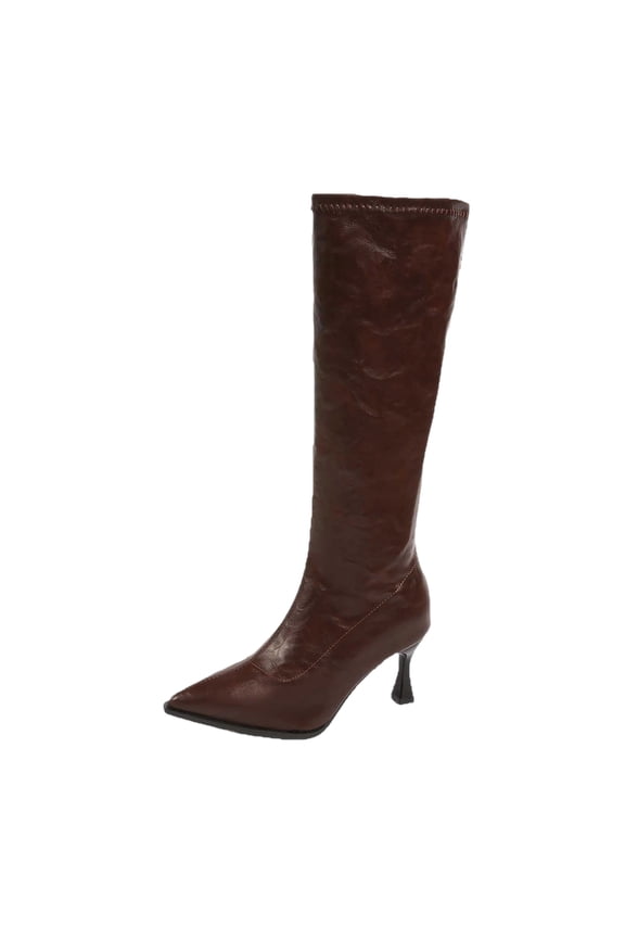 Women's Crinkled Leather Pointed Toe Knee High Boots, Slim Flared High Heel Side Zipper Tall Dress Boots, Elegant Stiletto Calf Boots Brown 5.5(36)