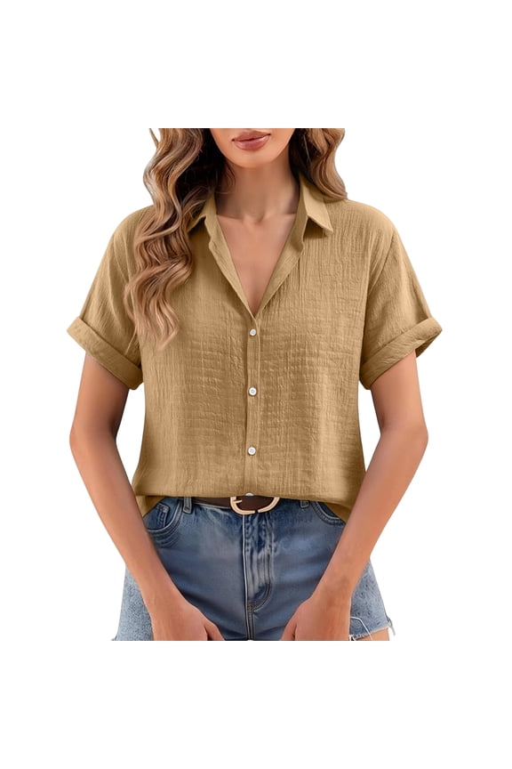 Women's Crinkled Rayon Blouse Collared Button Down Short Sleeve Casual Tops Loose Fit Rolled Cuff Tunic Shirts for Office Daily Wear, XL