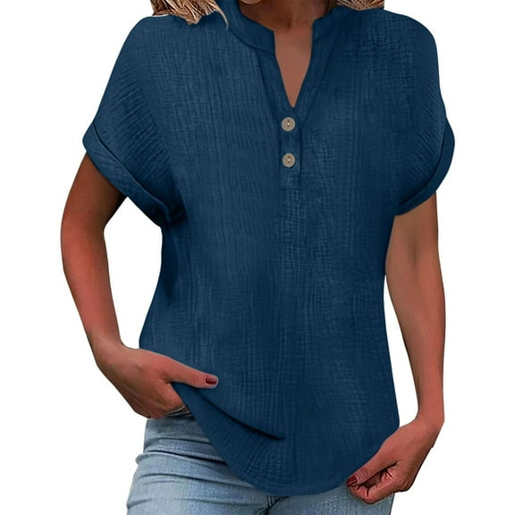 Women's Crinkled V-Neck Short Sleeve Top - Rolled Cuff Button Detail Casual Tee | Yubnlvae | Women's Fashionable And Casual Solid Color V Neck Wrinkle Cloth (Navy | XL)
