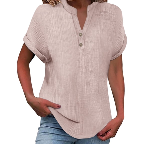 Women's Crinkled V-Neck Short Sleeve Top - Rolled Cuff Button Detail Casual Tee | Yubnlvae | Women's Fashionable And Casual Solid Color V Neck Wrinkle Cloth (Pink | M)