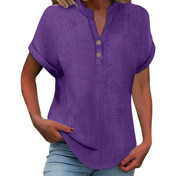 Women's Crinkled V-Neck Short Sleeve Top - Rolled Cuff Button Detail Casual Tee | Yubnlvae | Women's Fashionable And Casual Solid Color V Neck Wrinkle Cloth (Purple | 5XL)