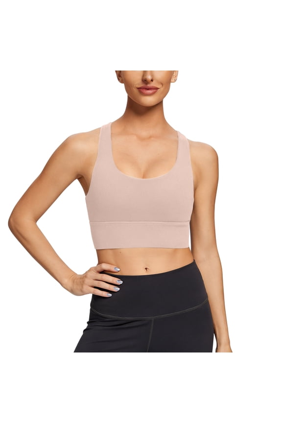 Women's Criss Cross Back Sports Bra Longline U-Neck Padded Yoga Workout Wirefree Crop Tank Top V Neck Bra