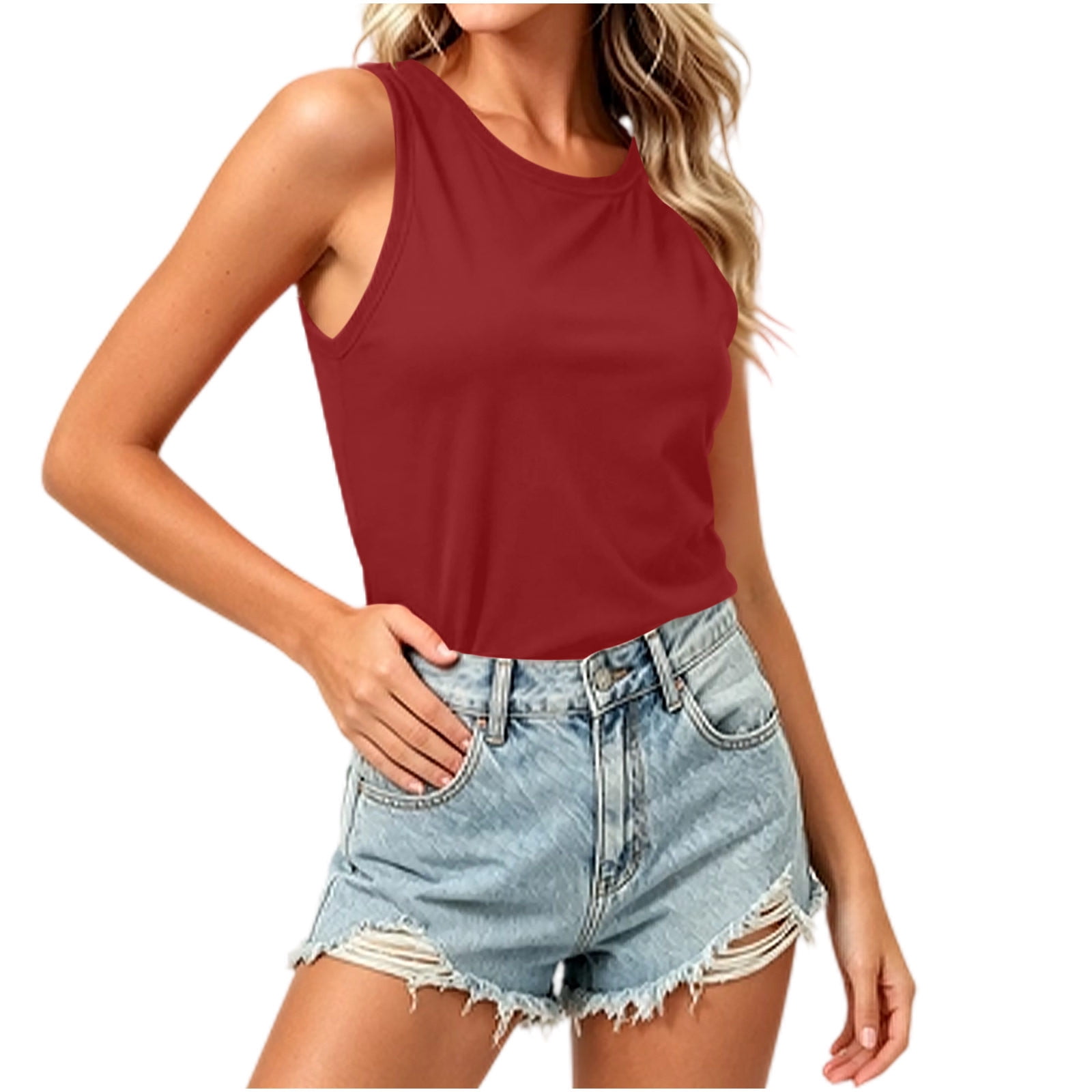 Women's Criss Cross Back Tank Top Summer Fashion Crew Neck