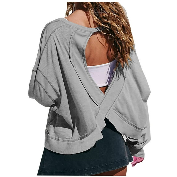 Women's Criss Cross Back Tops Casual Long Sleeve Solid Color Crew Neck Shirt Trendy Lightweight Open Back Workout Pullover Blouse