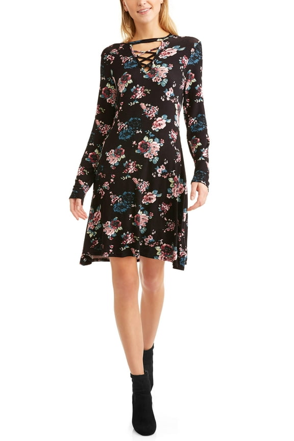 Women's Criss Cross Front Floral Printed Swing Dress