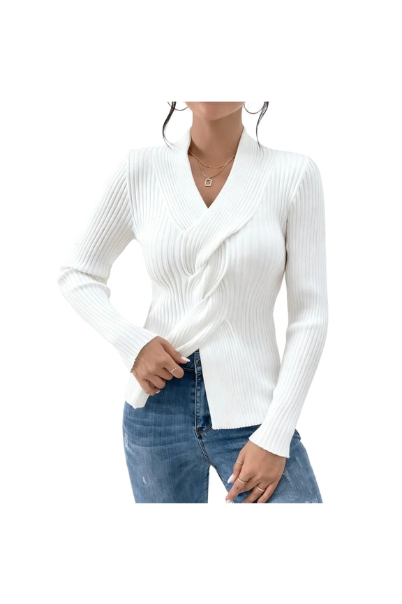 Women's Criss Cross Front Sweater Wrap V-Neck Ribbed Knit Pullover (White, L)