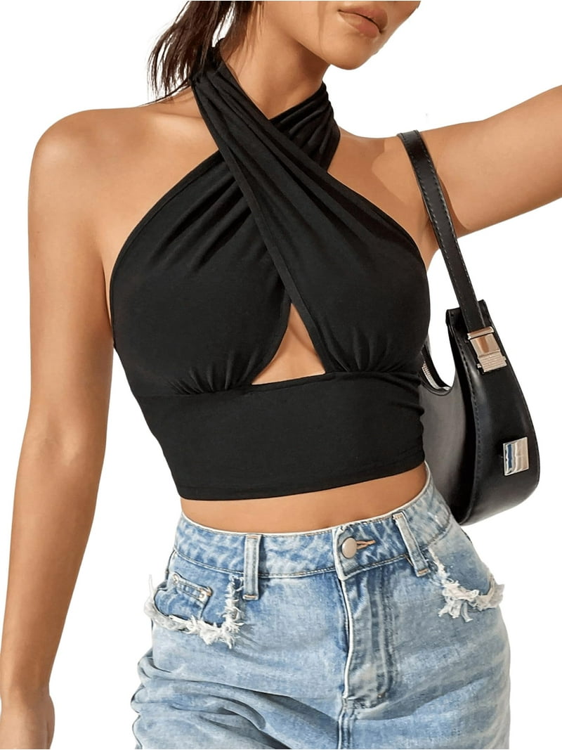 Women's Criss Cross Halter Crop Tops Wrap Top Backless Slim Fit