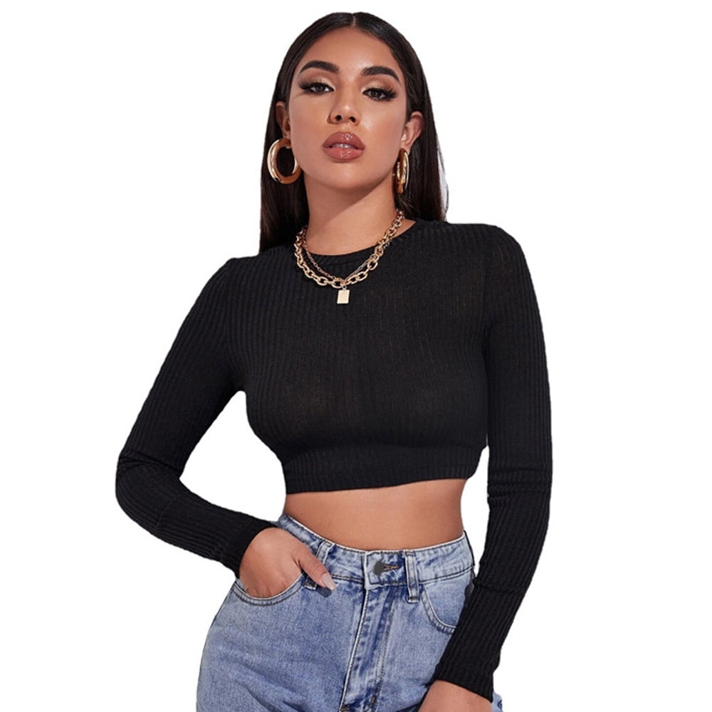 Xingqing Women's Crop Top Long Sleeve Plunging Neckline Underboob with  Letter Ring Cropped Ribbed Basic Top Red XL 