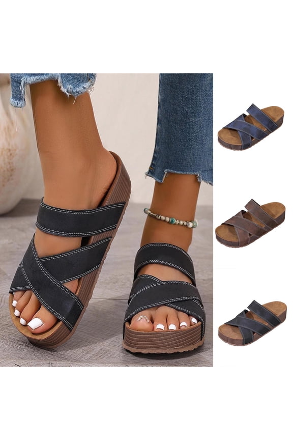Women's Criss Cross Strap Platform Slide Sandals Solid Color Breathable Casual Slippers Soft Thick Wedge Sole Non Slip Lightweight Summer Outdoor Daily Slides