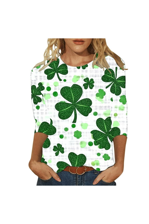 St Patrick's Day Crewneck Shirts for Women Shamrock Graphic Tee 3/4 Sleeve St Patrick's Day Tee Shirts Tops