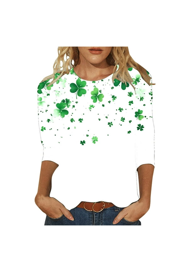St Patrick's Day Crewneck Shirts for Women Shamrock Graphic Tee 3/4 Sleeve St Patrick's Day Tee Shirts Tops
