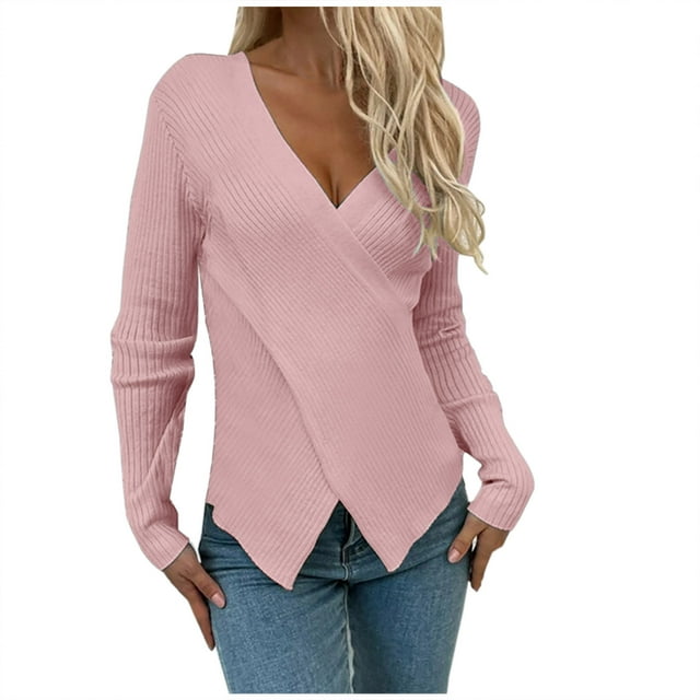 Women's Criss Cross V Neck Sweaters 2024 Dressy Casual Front Slit Ribbed Knit Pullover Sweater