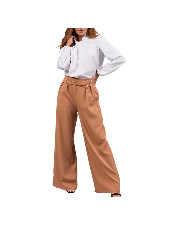Women's Criss-cross High Waist Wide Leg Dress Pants Button Pleated Office Casual Trousers