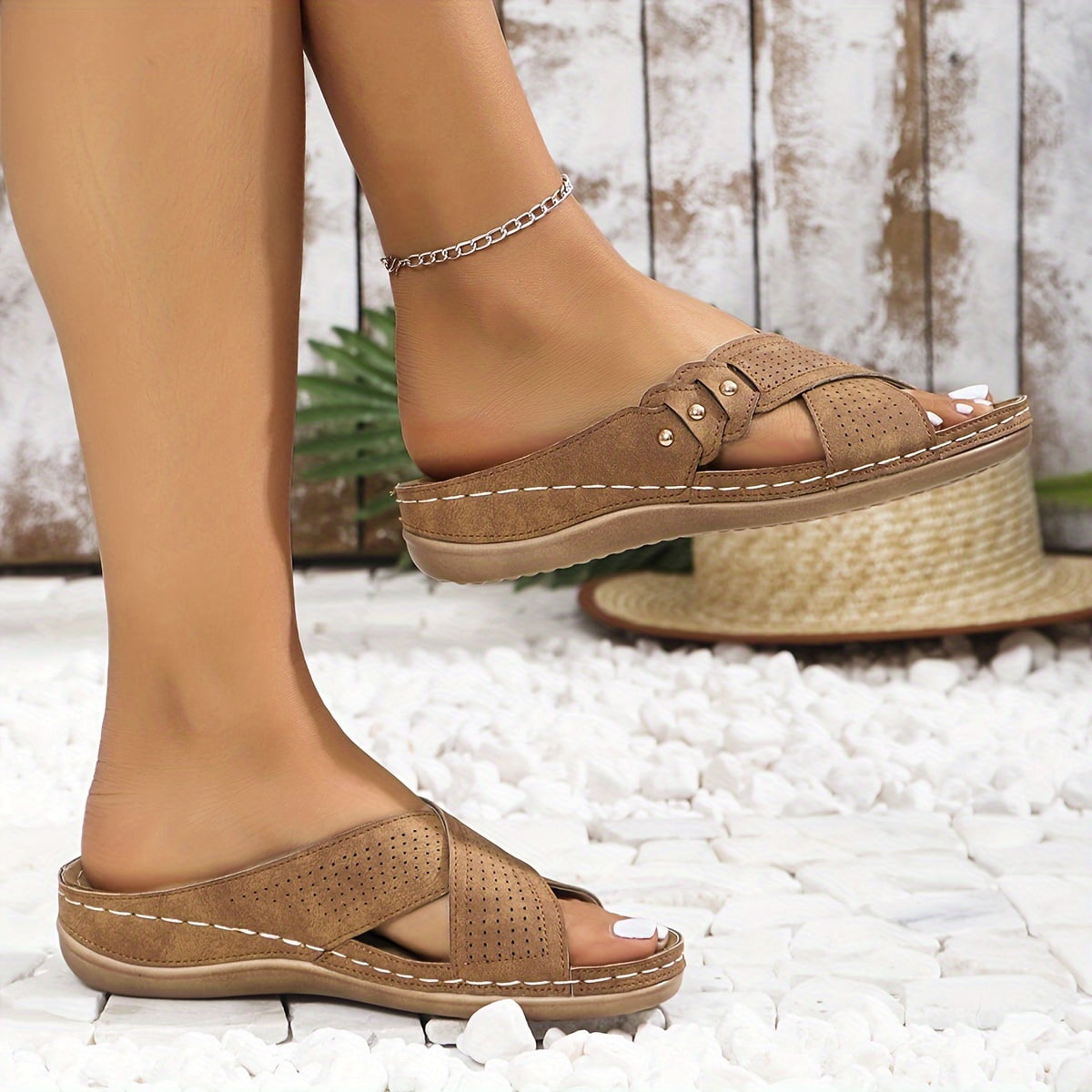 Women's Crisscross Bands Sandals, Rivet Studded Platform Wedge Sandals