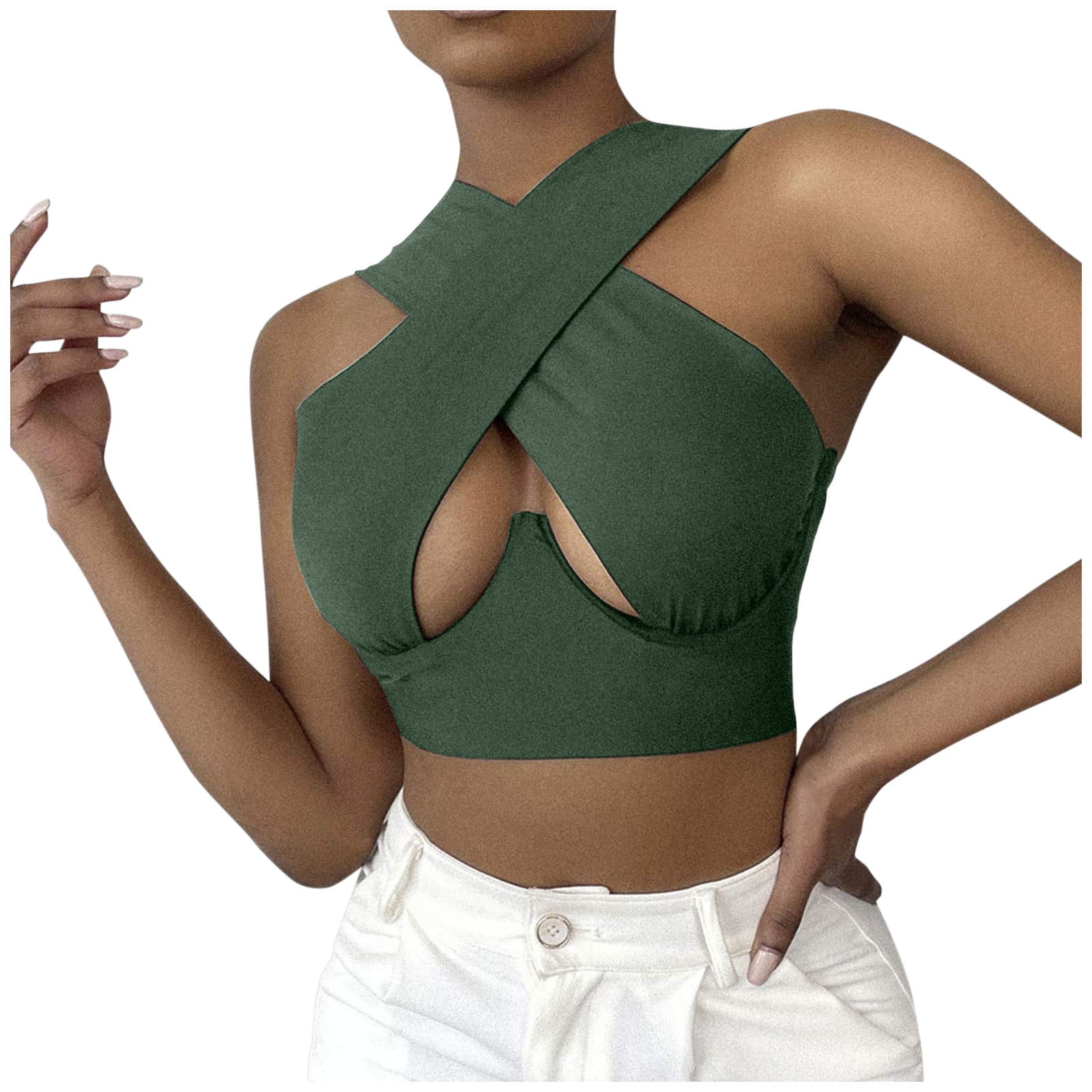 Women's Crisscross Cut Out Vest Halter Wrap Crop Top Solid Cami