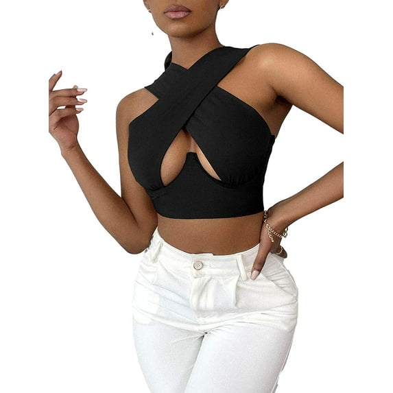 Women's Crisscross Cut Out Vest Halter Wrap Crop Top Solid Cami Tank Tops