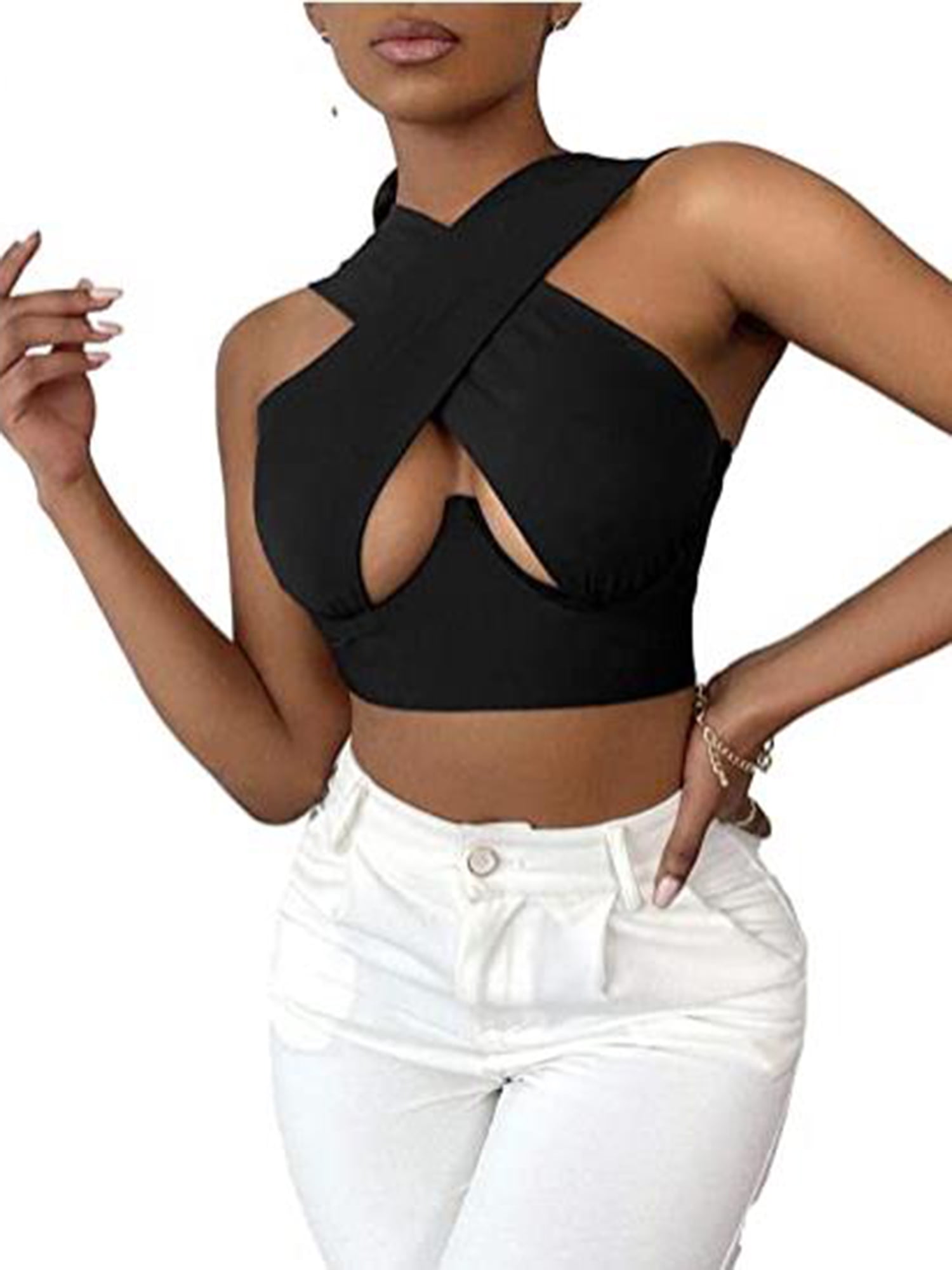 Women's Crisscross Cut Out Vest Halter Wrap Crop Top Solid Sleeveless Sexy  Cami Tank Tops Vest 