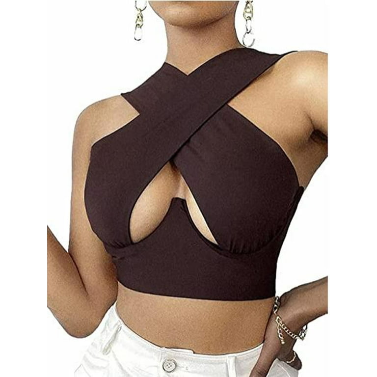 Women's Crisscross Cut Out Vest Halter Wrap Crop Top Solid Sleeveless Sexy  Cami Tank Tops Vest 