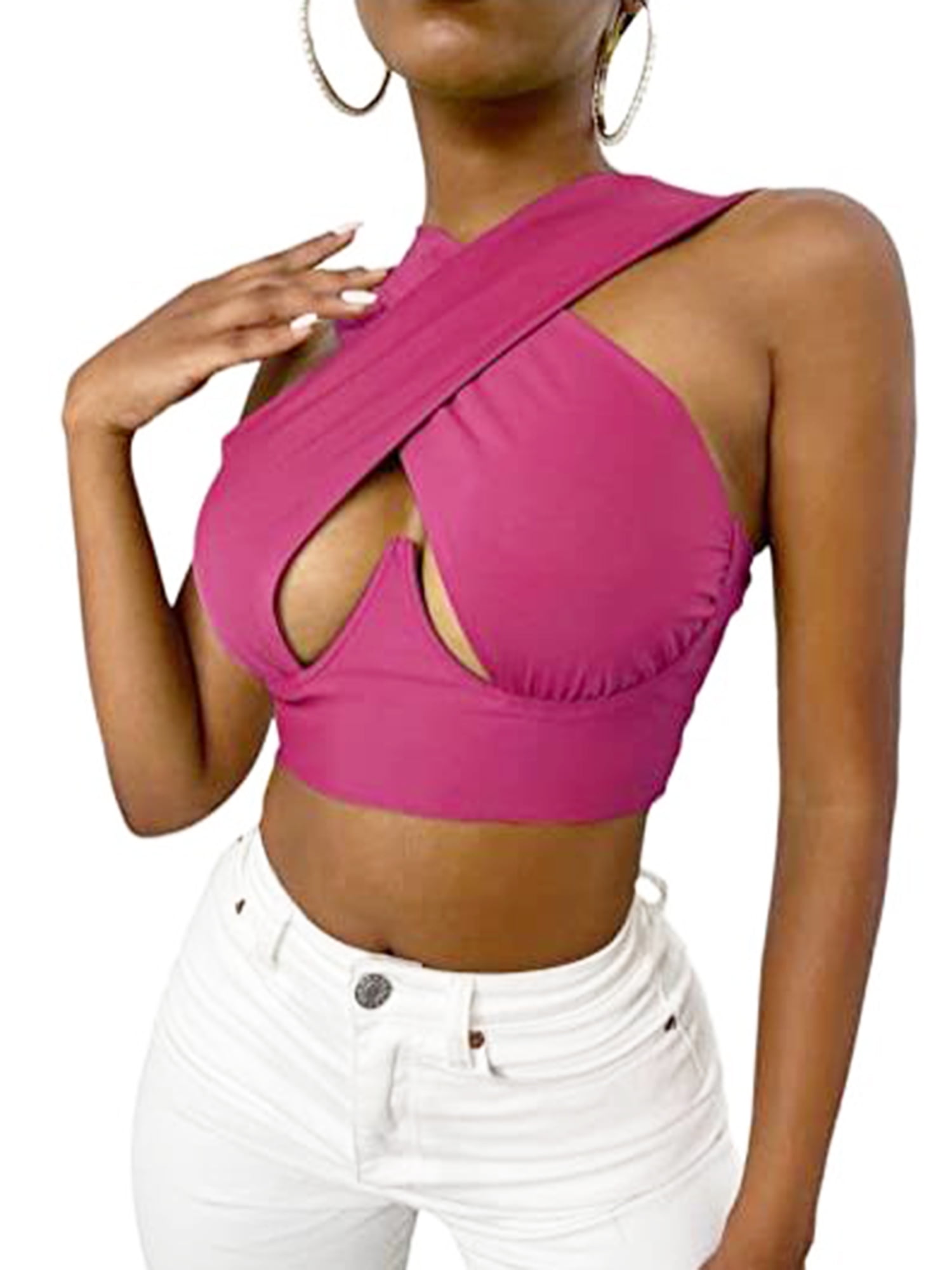 domorebest Women's Striped Printed Halter Halter Sling Slim Cross Sexy  Camisole V-Neck Bandage Cropped Top Pink : : Fashion