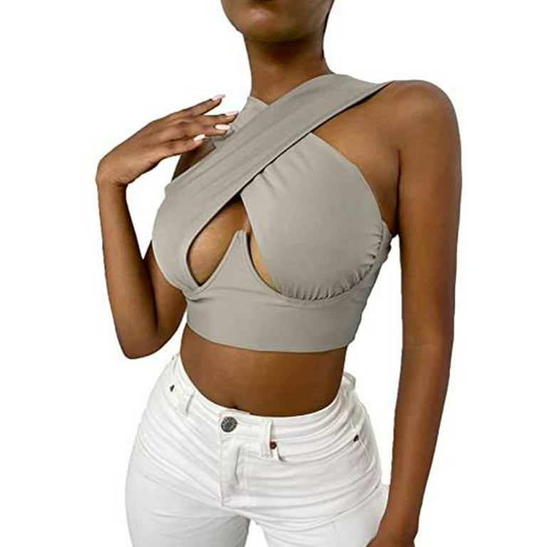 Women's Crisscross Cut Out Vest Halter Wrap Crop Top Solid Sleeveless Sexy  Cami Tank Tops Vest