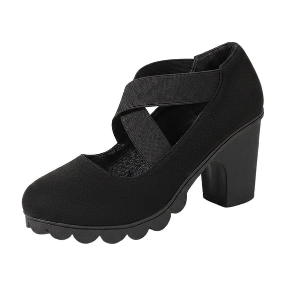 Women’s Crisscross Elastic Strap Mary Jane Heels, Round Toe Platform Chunky Block Heel Pumps, Slip On Dress Shoes Black 5(35)