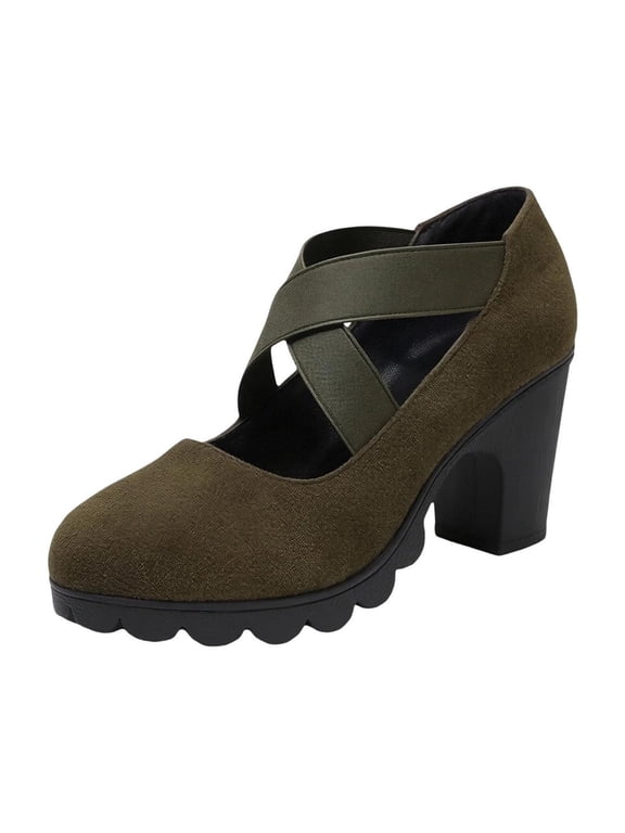 Women’s Crisscross Elastic Strap Mary Jane Heels, Round Toe Platform Chunky Block Heel Pumps, Slip On Dress Shoes Green 7.5(40)